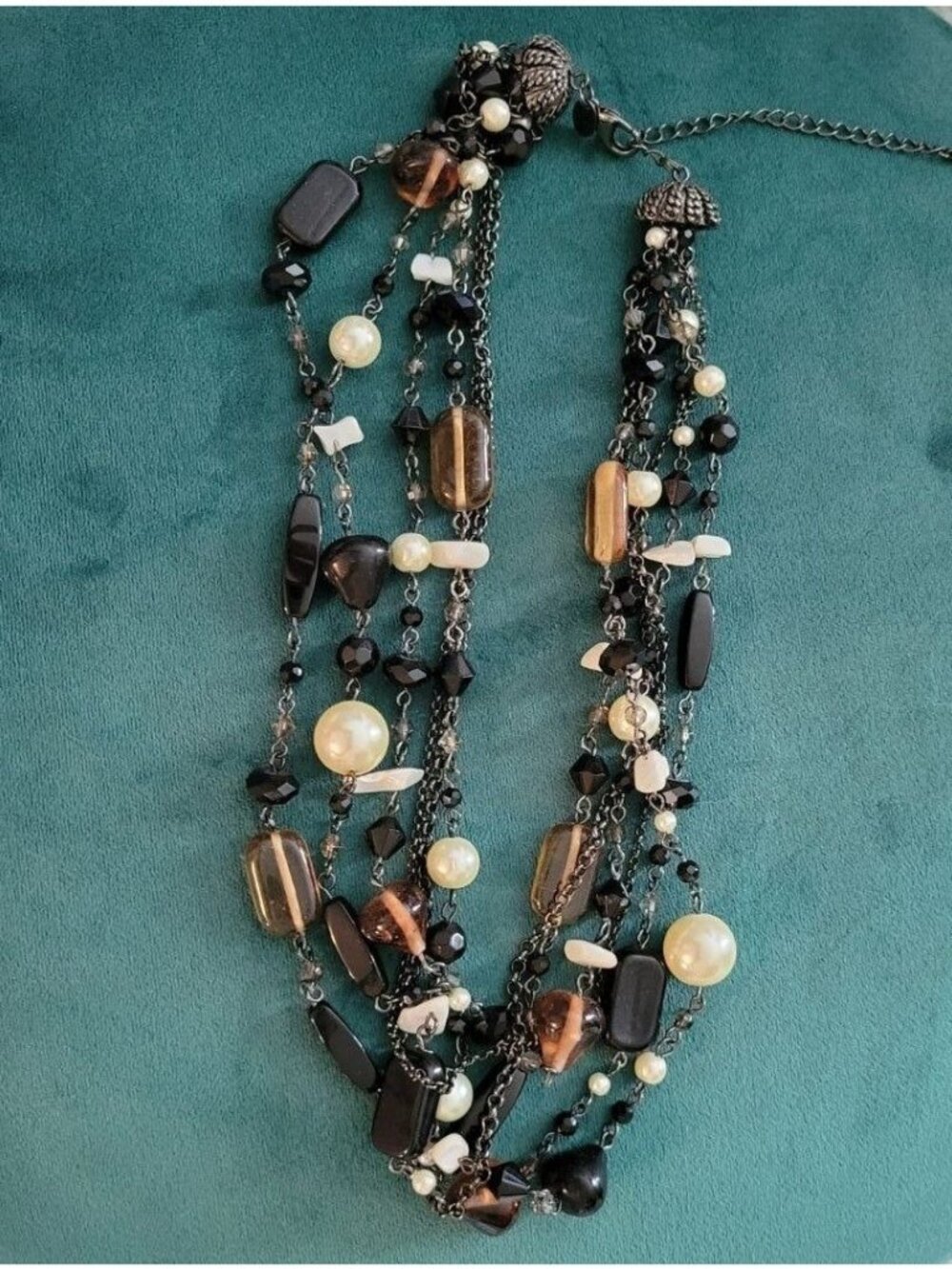 Layered Multi Strand Beaded Necklace Black White Brown